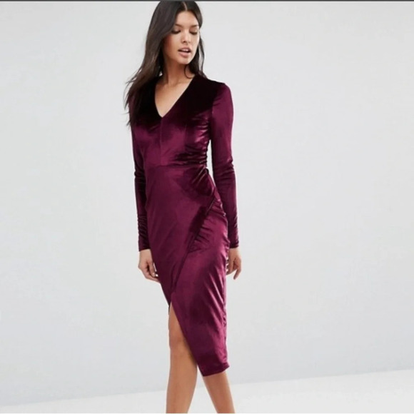 CLUB L Burgundy Velvet MIDI Dress Plunging Neck Faux Wrap US Size 8 - Picture 2 of 16